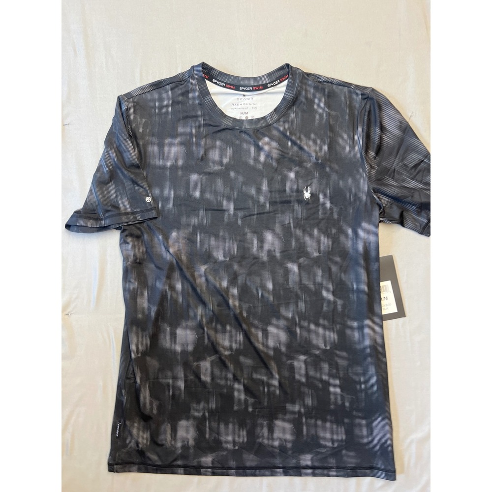 Spyder Swim Mens Rash Guard Short Sleeve Black Grey Grid UPF 30+ Medium S92XB30